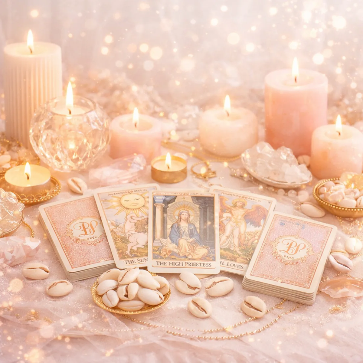 Mesa espiritual com cartas de tarot, velas e cristais